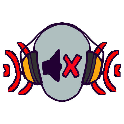 A drawing of a featureless grey person’s head wearing orange ear defenders. Red waves representing sounds surround them, and there is a “muted” symbol - A speaker and a red X - in the center of their face to show that they don’t perceive the outside sounds. 